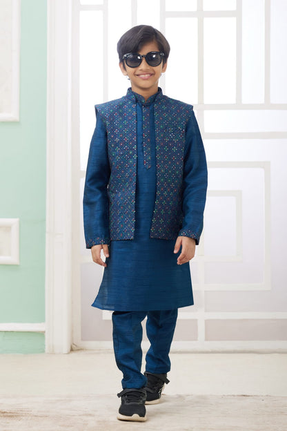 Blue Pure Soft Art Banarasi Silk Computer Work Boys Kurta Pajama Jacket Set 