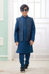Blue Pure Soft Art Banarasi Silk Computer Work Boys Kurta Pajama Jacket Set 