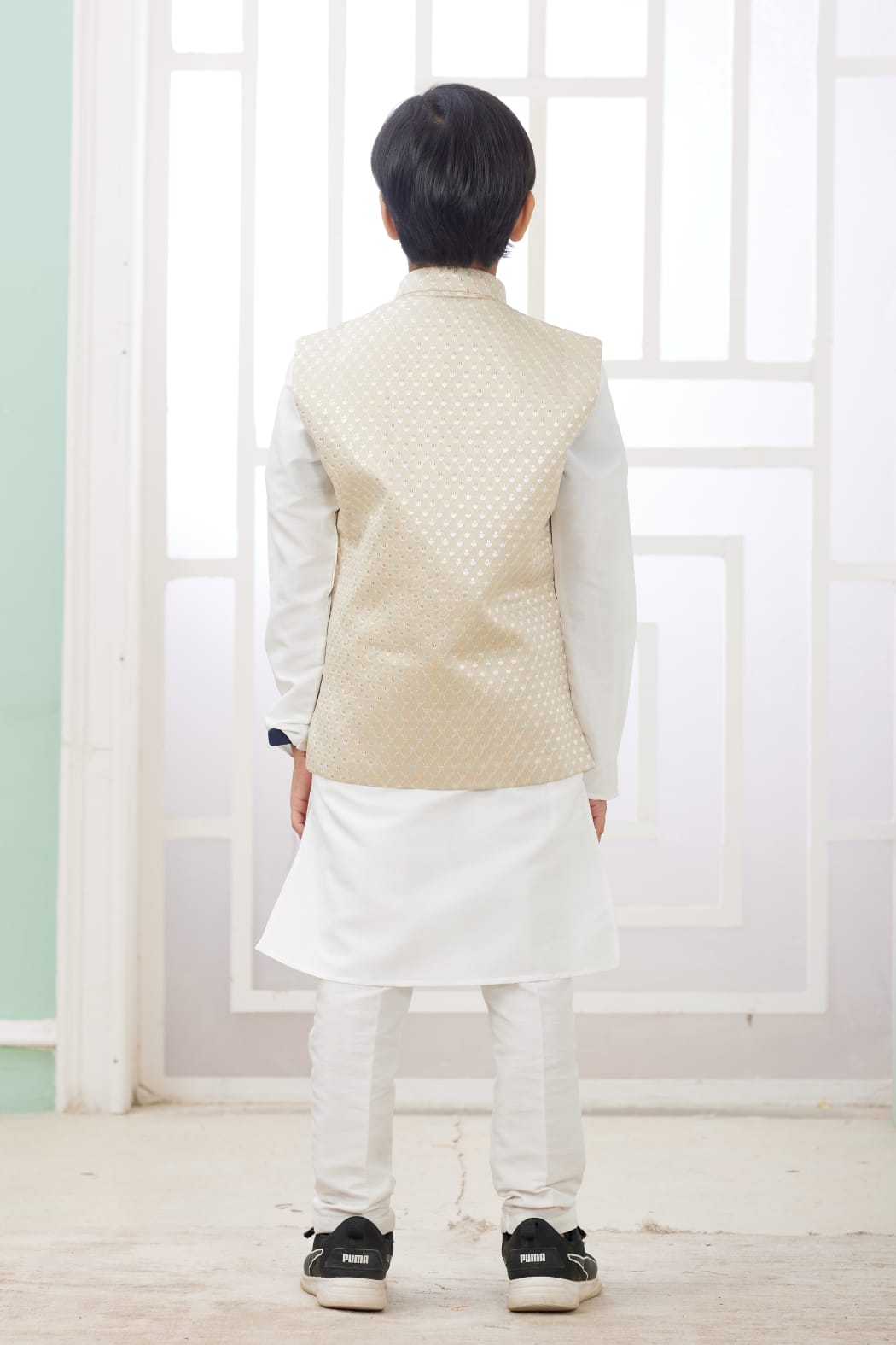 Off White Pure Soft Art Banarasi Silk Computer Work Boys Kurta Pajama Jacket Set 