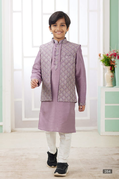 Onion Pure Soft Art Banarasi Silk Computer Work Boys Kurta Pajama Jacket Set 