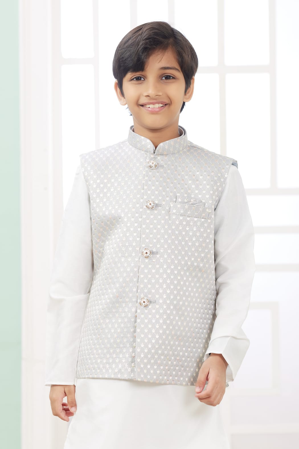 White Pure Soft Art Banarasi Silk Computer Work Boys Kurta Pajama Jacket Set 