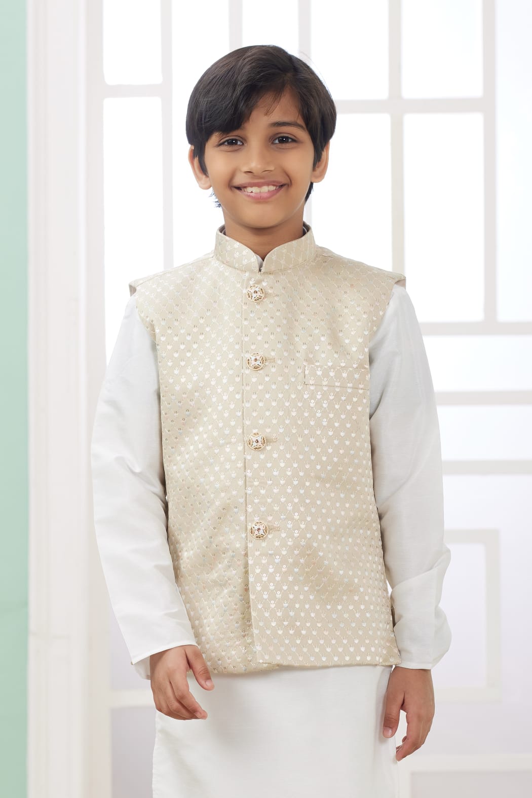 Off White Pure Soft Art Banarasi Silk Computer Work Boys Kurta Pajama Jacket Set 