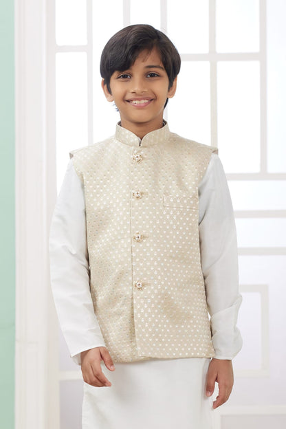 Off White Pure Soft Art Banarasi Silk Computer Work Boys Kurta Pajama Jacket Set 