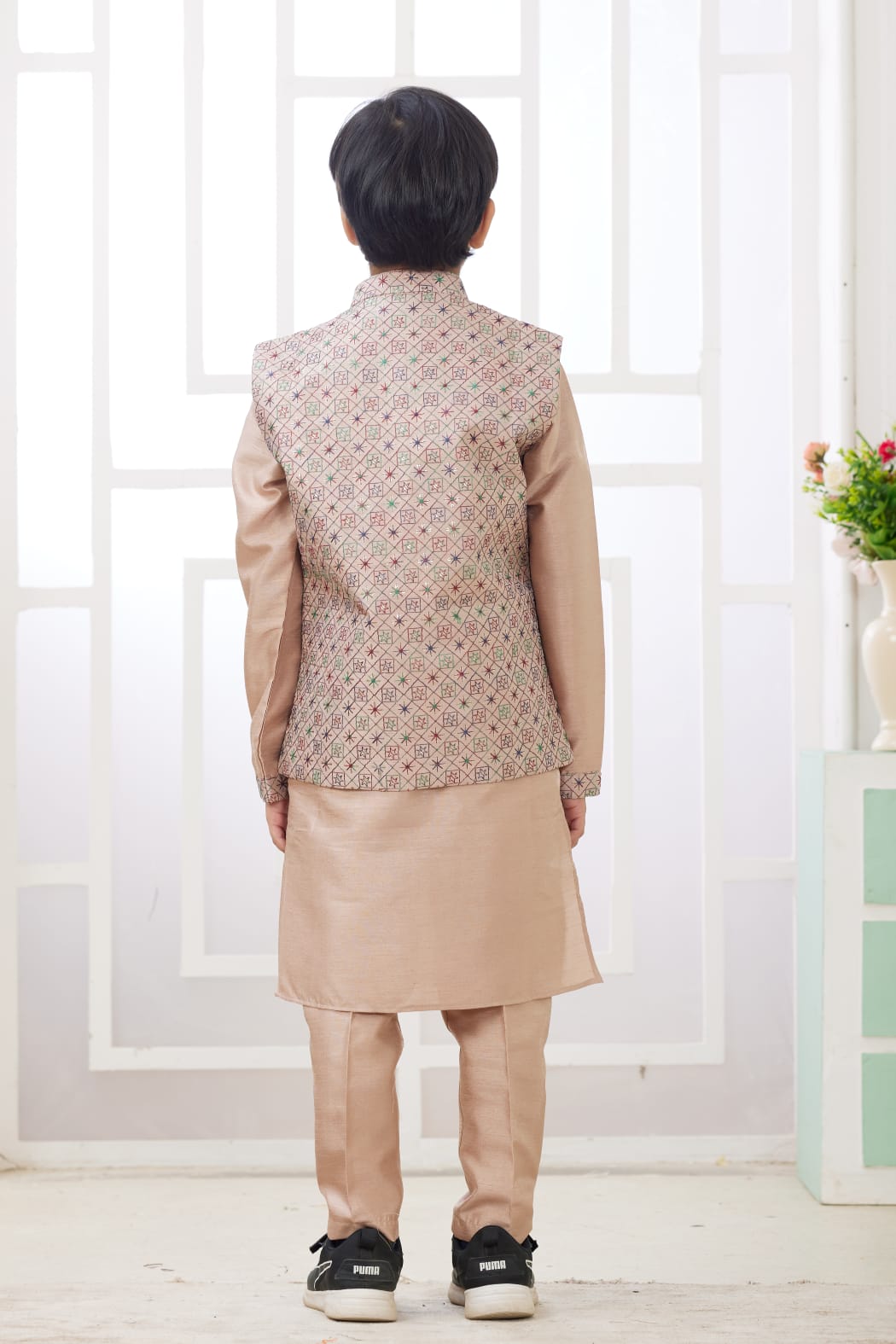 Peach Pure Soft Art Banarasi Silk Computer Work Boys Kurta Pajama Jacket Set 