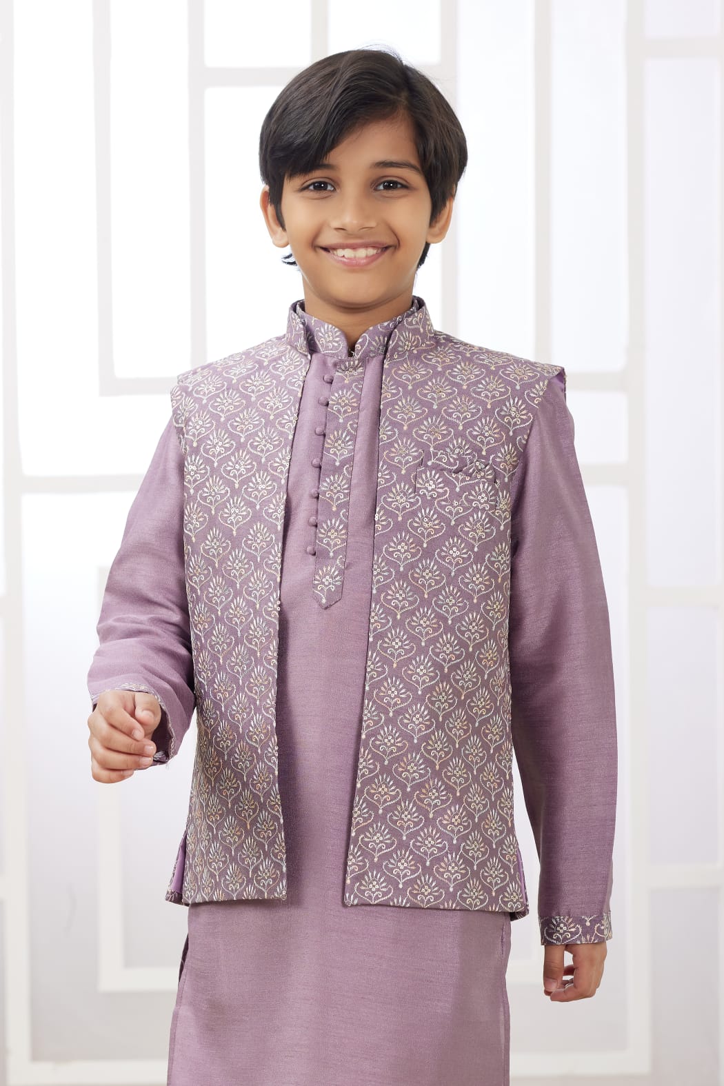 Onion Pure Soft Art Banarasi Silk Computer Work Boys Kurta Pajama Jacket Set 