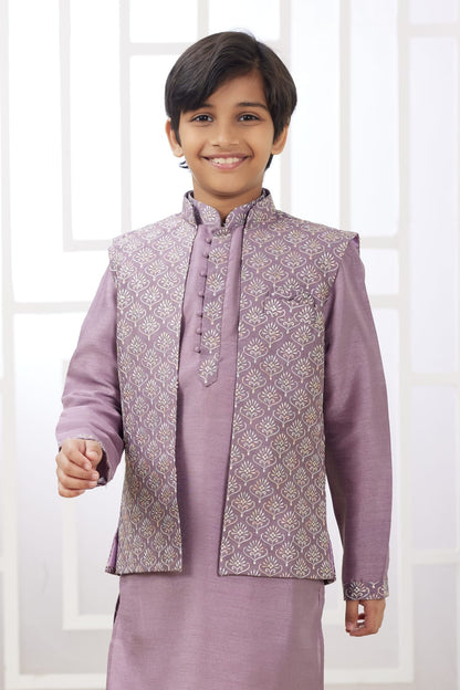Onion Pure Soft Art Banarasi Silk Computer Work Boys Kurta Pajama Jacket Set 