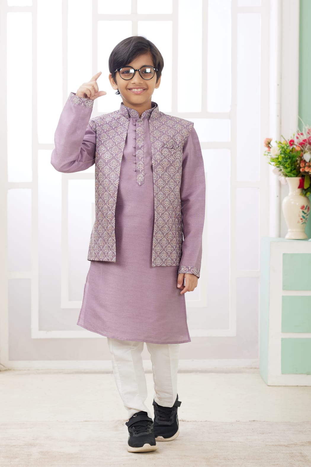 Onion Pure Soft Art Banarasi Silk Computer Work Boys Kurta Pajama Jacket Set 