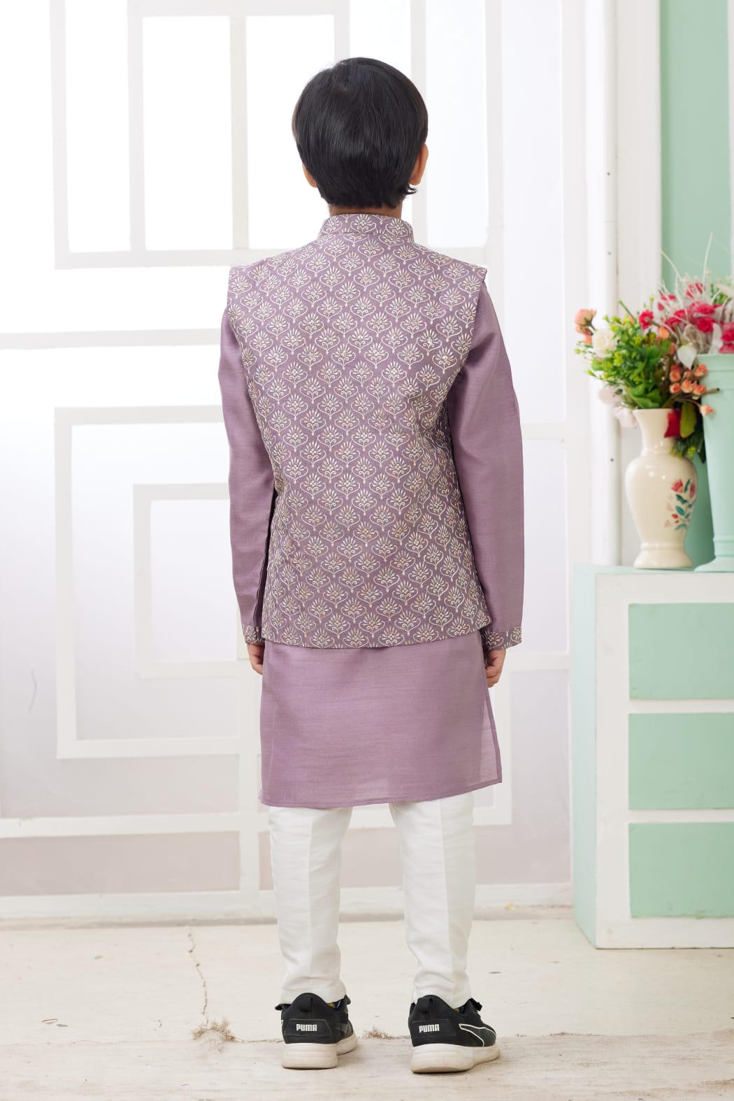Onion Pure Soft Art Banarasi Silk Computer Work Boys Kurta Pajama Jacket Set 