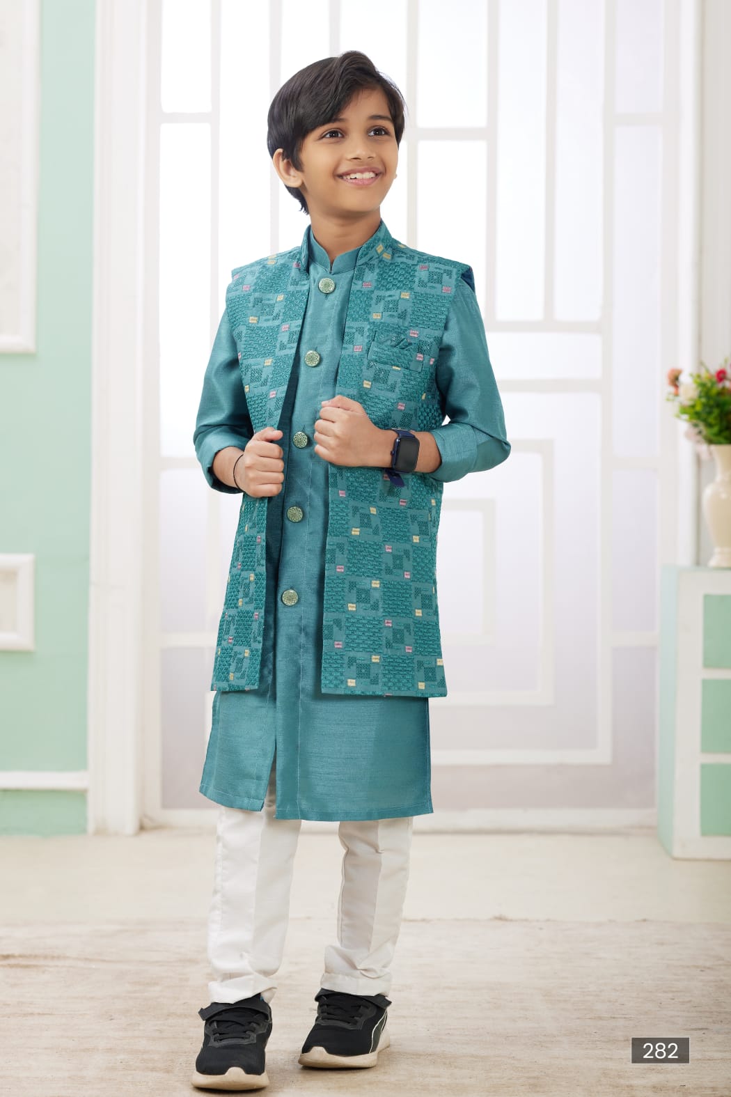 Green Pure Soft Art Banarasi Silk Computer Work Boys Kurta Pajama Jacket Set 