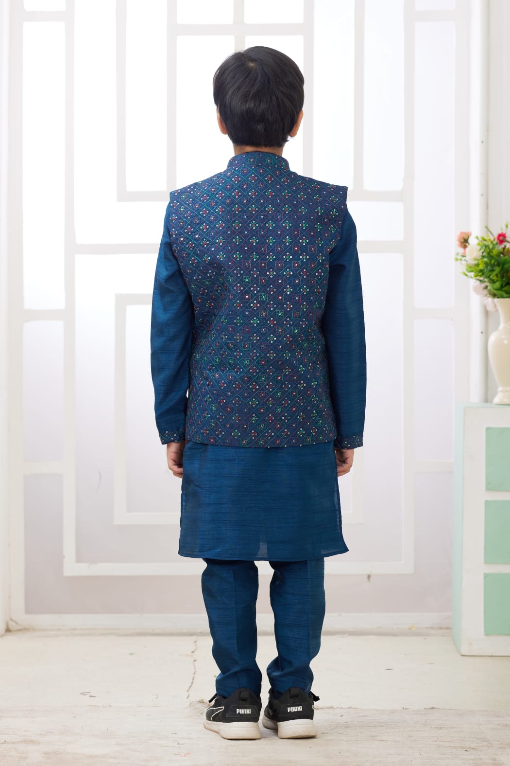 Blue Pure Soft Art Banarasi Silk Computer Work Boys Kurta Pajama Jacket Set 