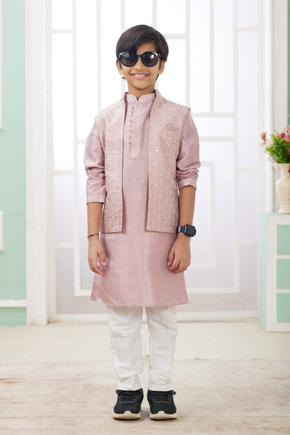 Onion Pure Soft Art Banarasi Silk Computer Work Boys Kurta Pajama Jacket Set 
