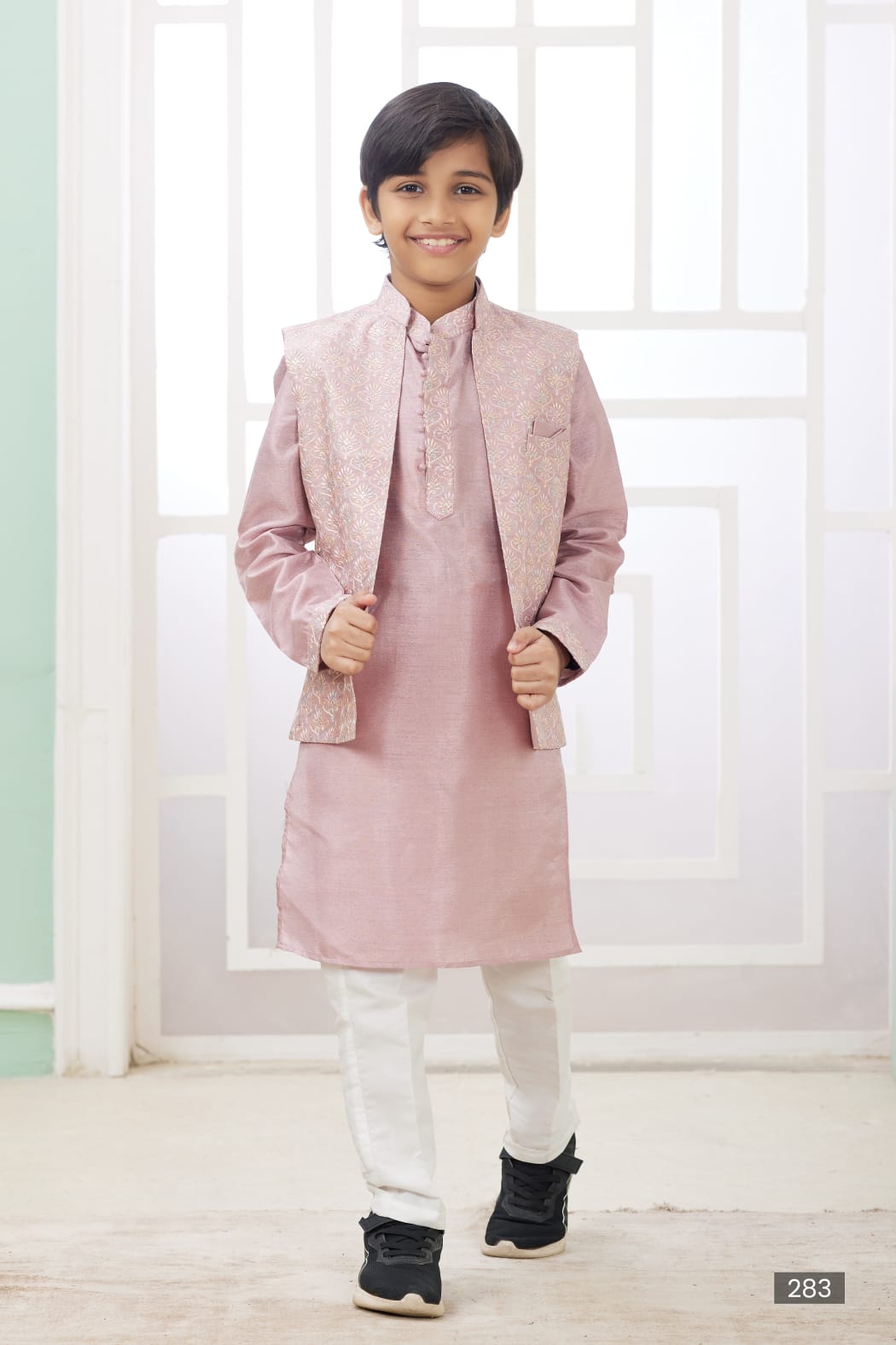 Onion Pure Soft Art Banarasi Silk Computer Work Boys Kurta Pajama Jacket Set 