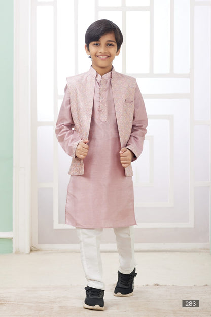 Onion Pure Soft Art Banarasi Silk Computer Work Boys Kurta Pajama Jacket Set 