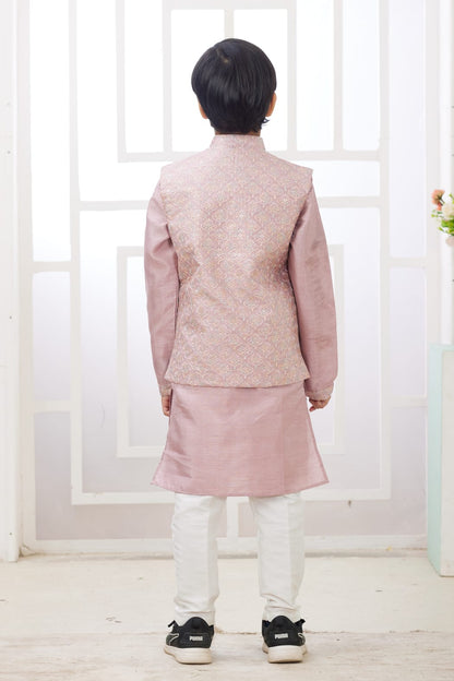 Onion Pure Soft Art Banarasi Silk Computer Work Boys Kurta Pajama Jacket Set 