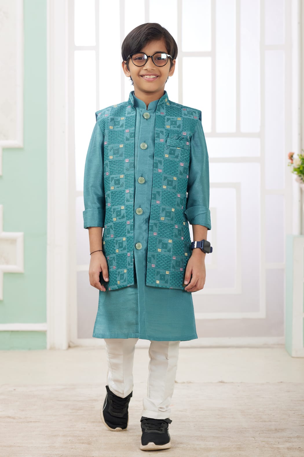 Green Pure Soft Art Banarasi Silk Computer Work Boys Kurta Pajama Jacket Set 