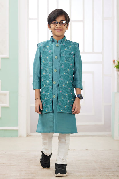 Green Pure Soft Art Banarasi Silk Computer Work Boys Kurta Pajama Jacket Set 