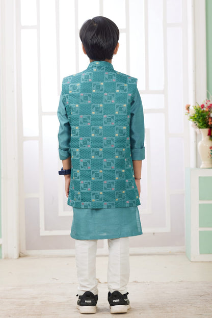 Green Pure Soft Art Banarasi Silk Computer Work Boys Kurta Pajama Jacket Set 
