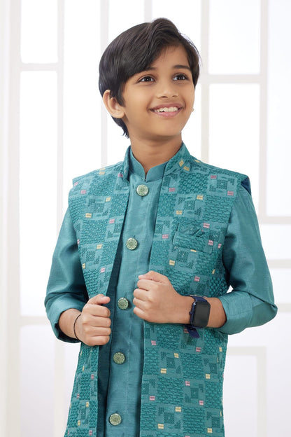 Green Pure Soft Art Banarasi Silk Computer Work Boys Kurta Pajama Jacket Set 