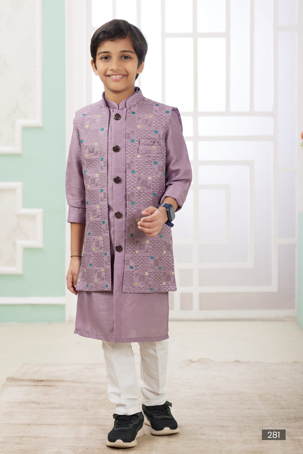 Onion Pure Soft Art Banarasi Silk Computer Work Boys Kurta Pajama Jacket Set 