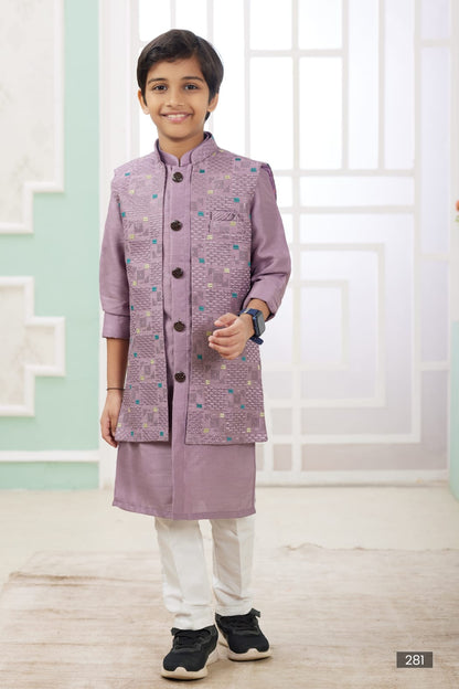 Onion Pure Soft Art Banarasi Silk Computer Work Boys Kurta Pajama Jacket Set 