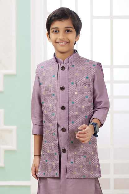 Onion Pure Soft Art Banarasi Silk Computer Work Boys Kurta Pajama Jacket Set 