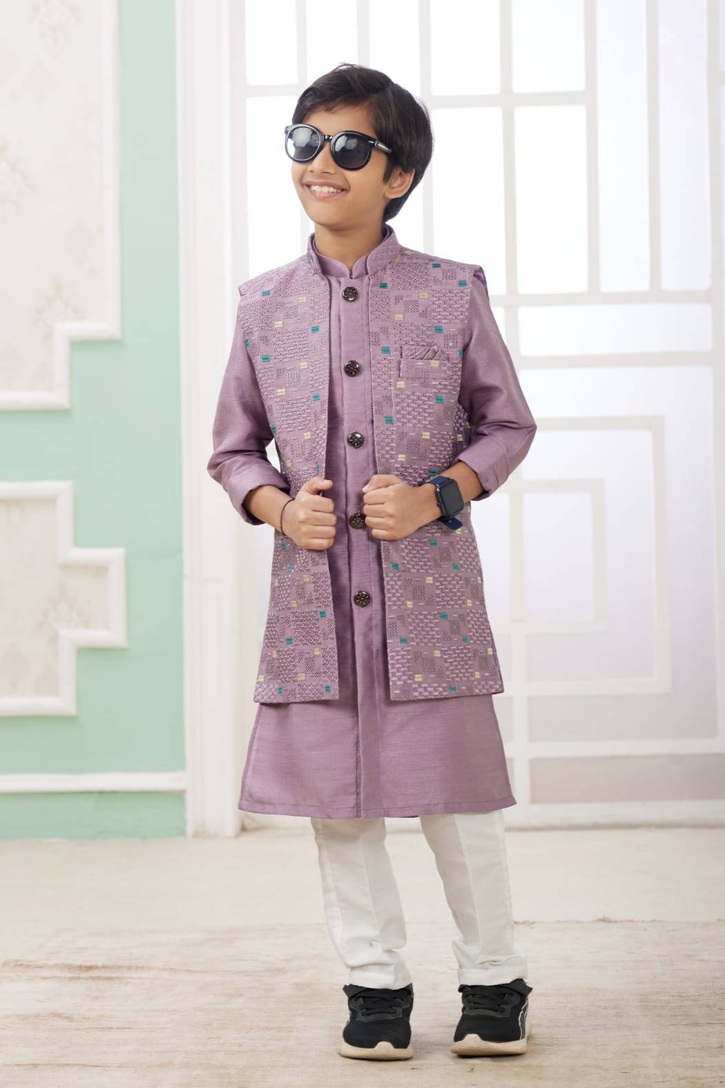 Onion Pure Soft Art Banarasi Silk Computer Work Boys Kurta Pajama Jacket Set 