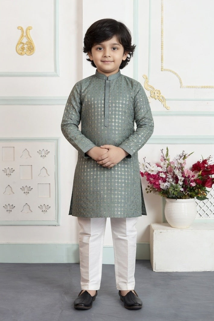 Green Pure Soft Art Banarasi Silk Embroidery Work Boys Kurta Pajama 
