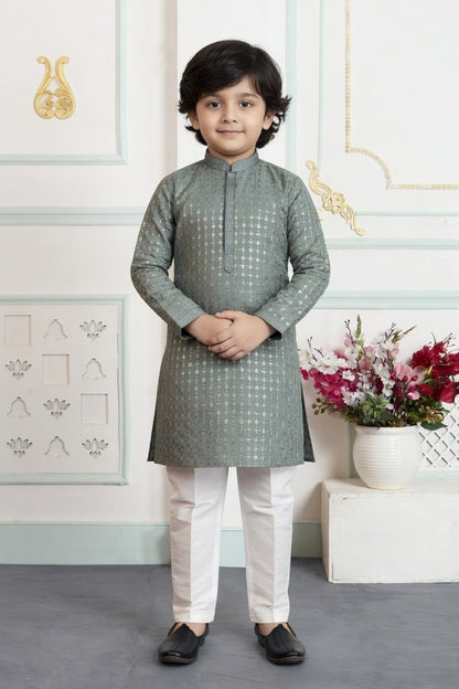Green Pure Soft Art Banarasi Silk Embroidery Work Boys Kurta Pajama 