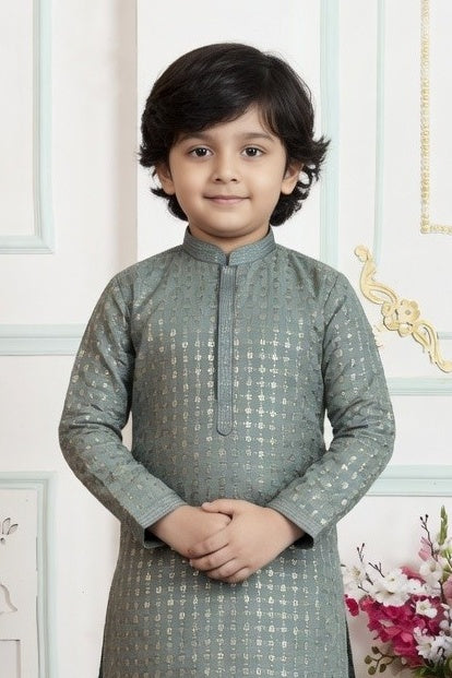 Green Pure Soft Art Banarasi Silk Embroidery Work Boys Kurta Pajama 