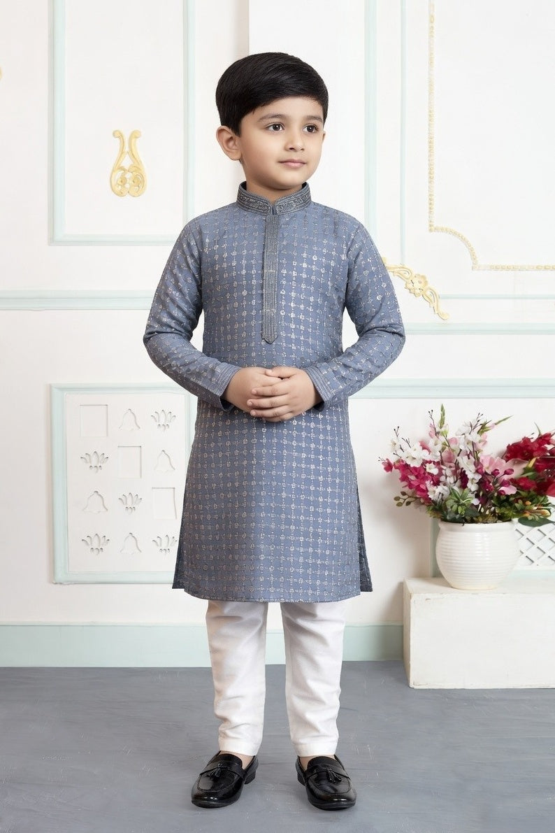 Grey Pure Soft Art Banarasi Silk Embroidery Work Boys Kurta Pajama 
