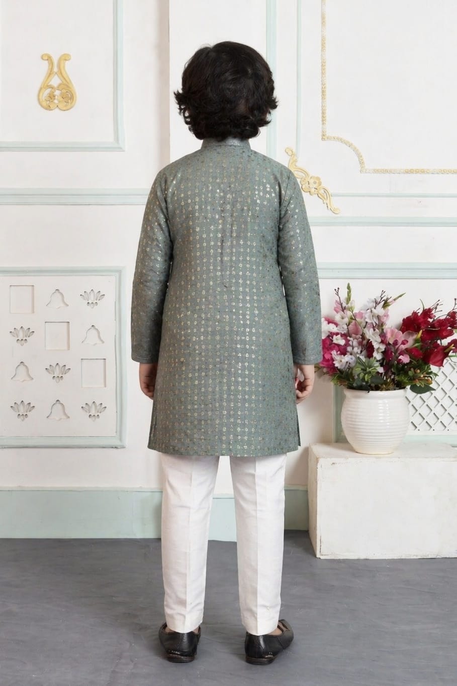 Green Pure Soft Art Banarasi Silk Embroidery Work Boys Kurta Pajama 