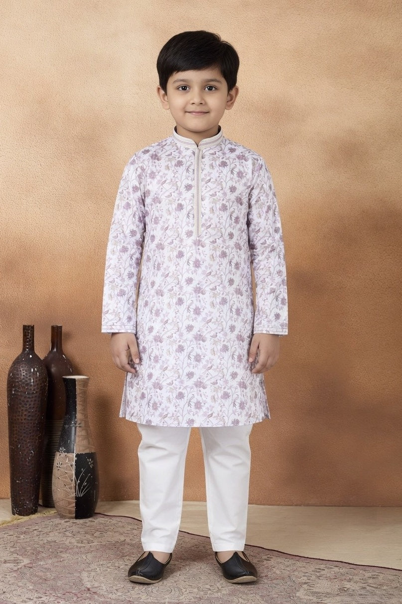 Purple Pure Soft Art Banarasi Silk Digital Print Boys Kurta Pajama 