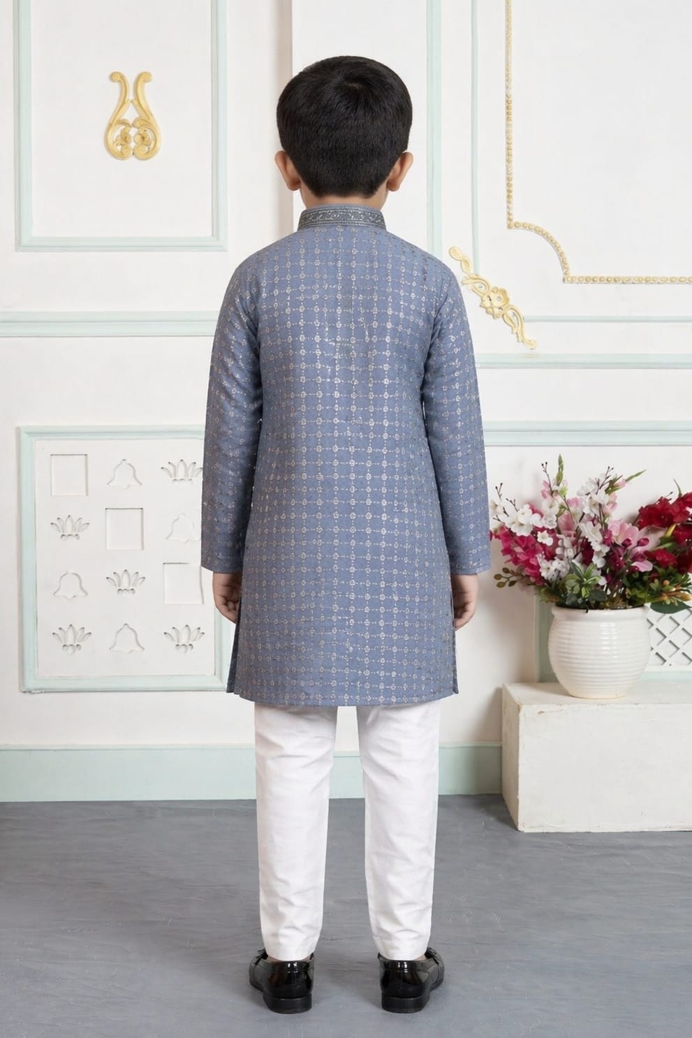 Grey Pure Soft Art Banarasi Silk Embroidery Work Boys Kurta Pajama 