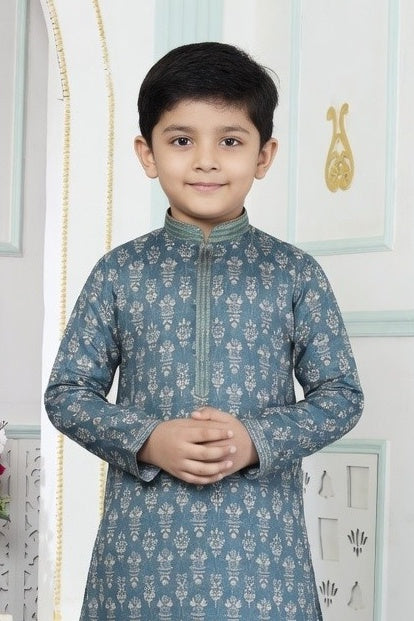 Green Pure Soft Art Banarasi Silk Digital Print Boys Kurta Pajama 