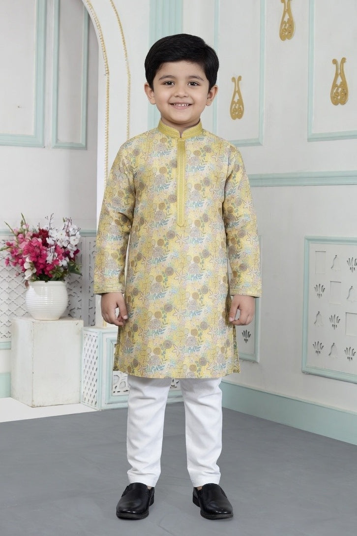 Yellow Pure Soft Art Banarasi Silk Digital Print Boys Kurta Pajama 
