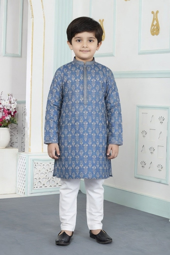 Blue Pure Soft Art Banarasi Silk Digital Print Boys Kurta Pajama 