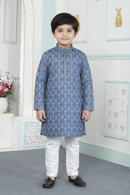Blue Pure Soft Art Banarasi Silk Digital Print Boys Kurta Pajama 