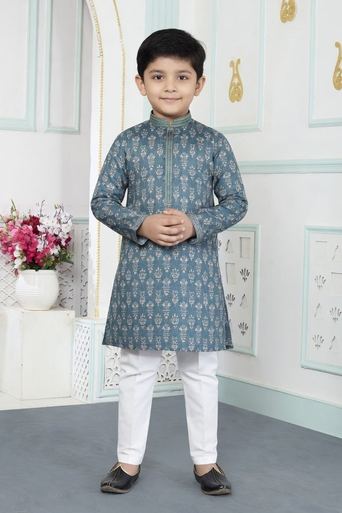Green Pure Soft Art Banarasi Silk Digital Print Boys Kurta Pajama 