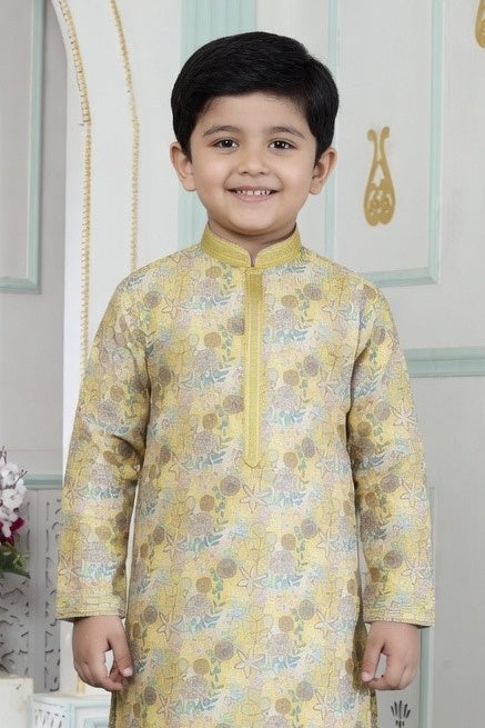 Yellow Pure Soft Art Banarasi Silk Digital Print Boys Kurta Pajama 