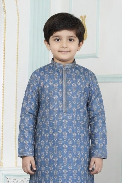 Blue Pure Soft Art Banarasi Silk Digital Print Boys Kurta Pajama 