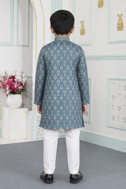 Green Pure Soft Art Banarasi Silk Digital Print Boys Kurta Pajama 