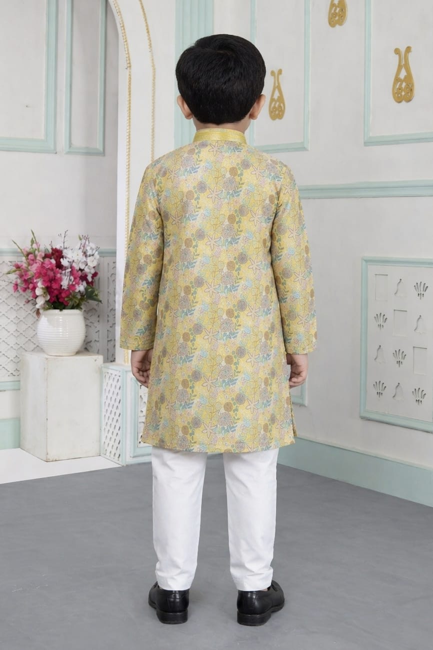 Yellow Pure Soft Art Banarasi Silk Digital Print Boys Kurta Pajama 