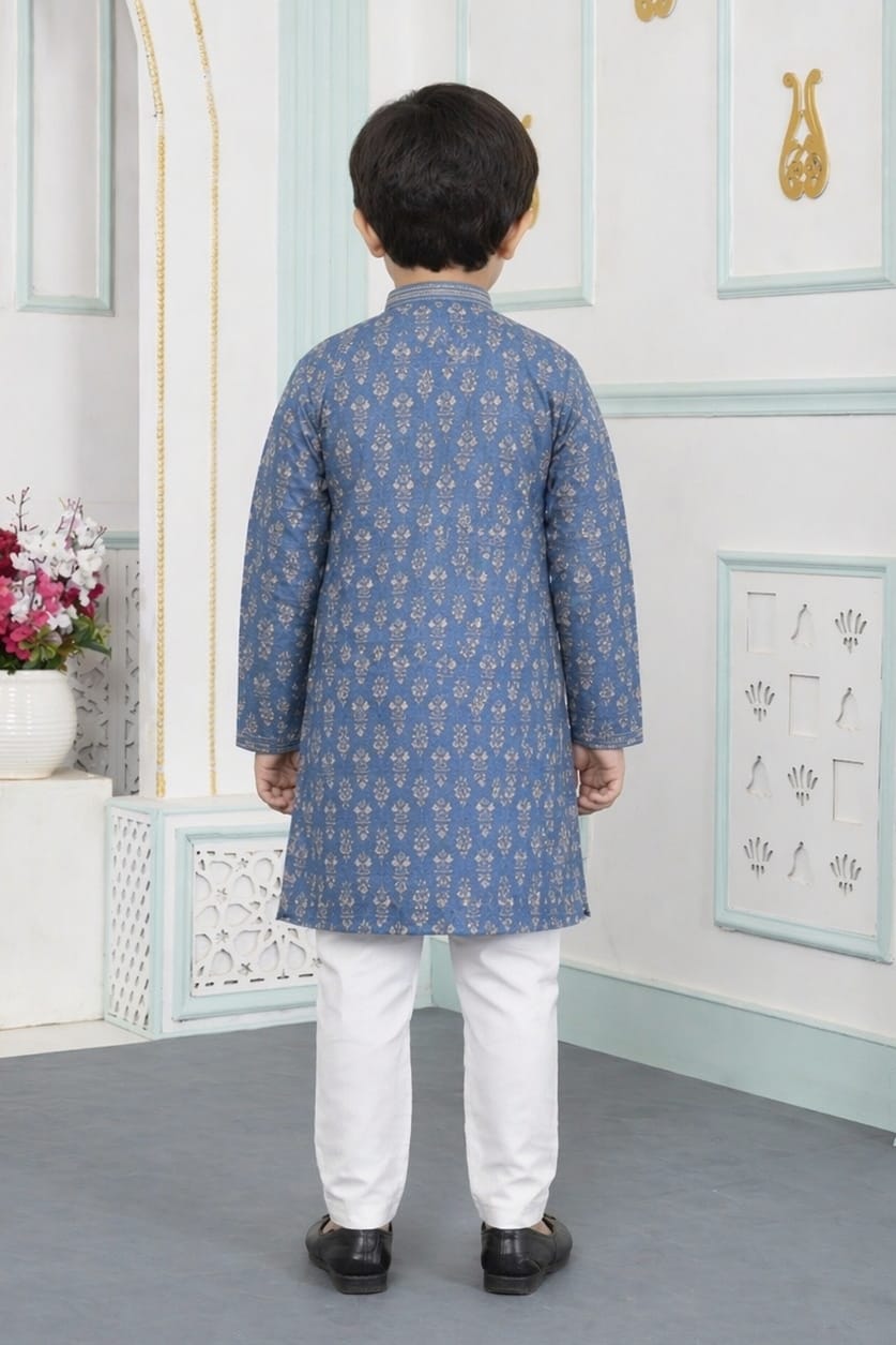 Blue Pure Soft Art Banarasi Silk Digital Print Boys Kurta Pajama 