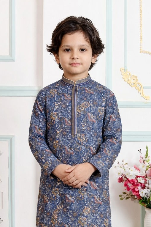 Blue Pure Soft Art Banarasi Silk Digital Print Boys Kurta Pajama 