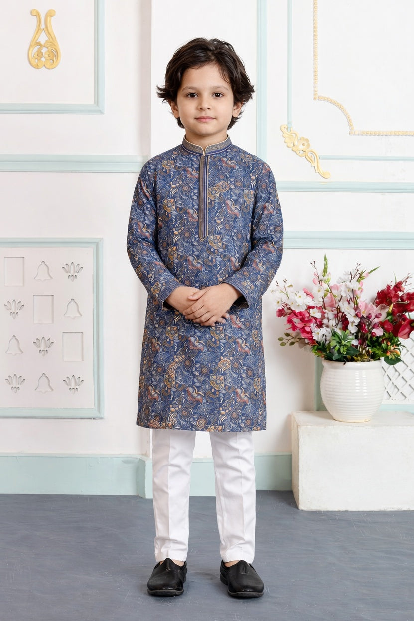 Blue Pure Soft Art Banarasi Silk Digital Print Boys Kurta Pajama 