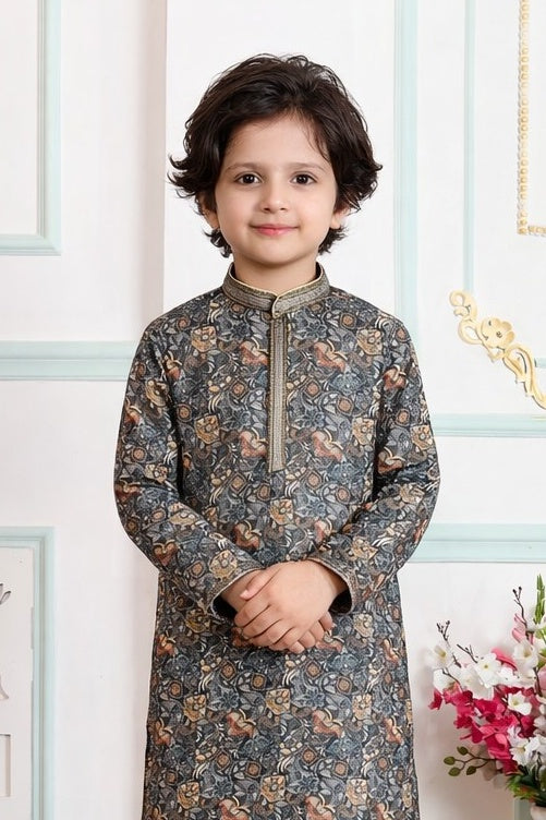 Green Pure Soft Art Banarasi Silk Digital Print Boys Kurta Pajama 