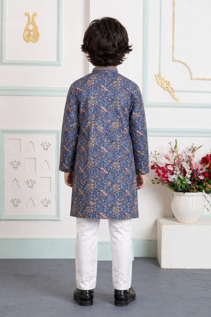 Blue Pure Soft Art Banarasi Silk Digital Print Boys Kurta Pajama 