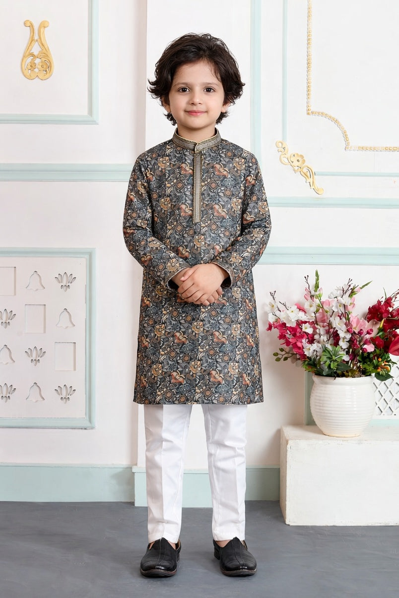 Green Pure Soft Art Banarasi Silk Digital Print Boys Kurta Pajama 