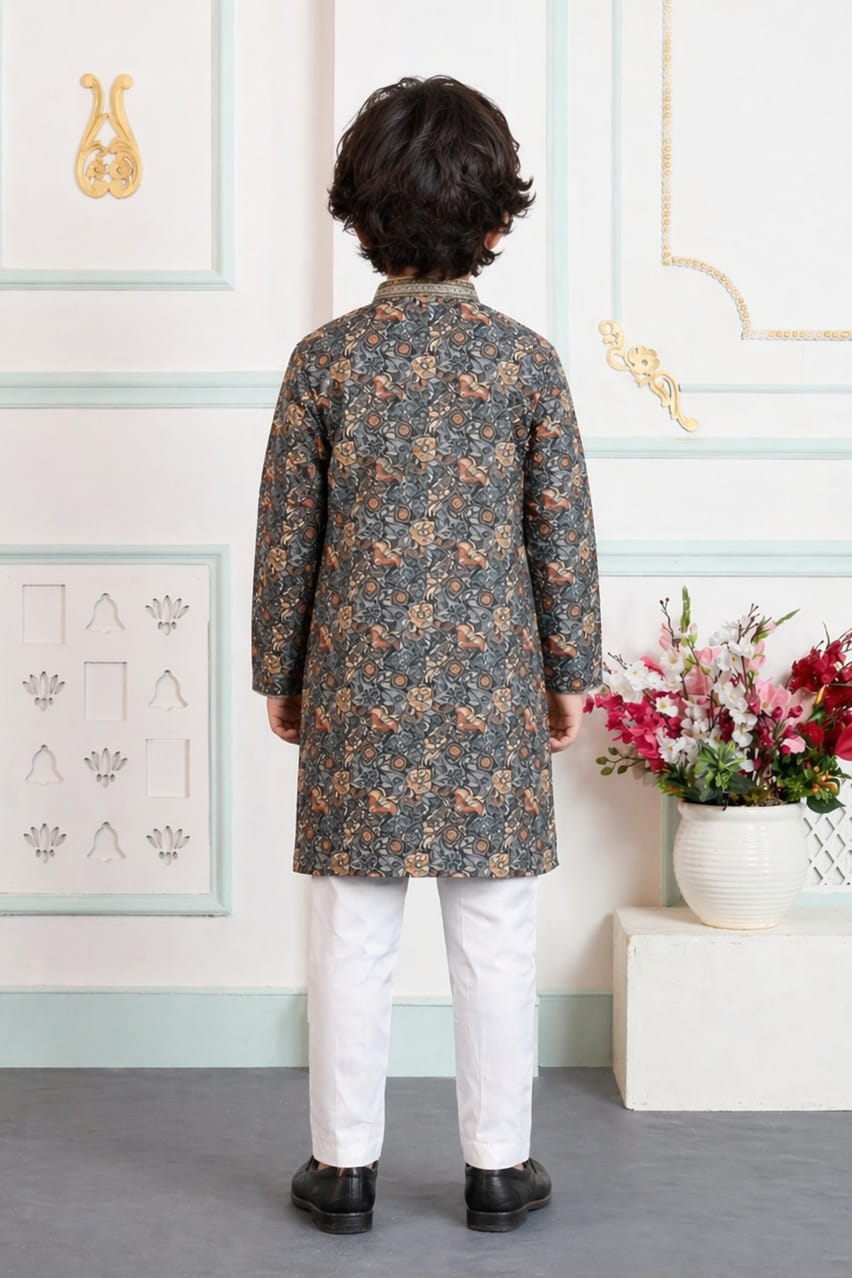 Green Pure Soft Art Banarasi Silk Digital Print Boys Kurta Pajama 