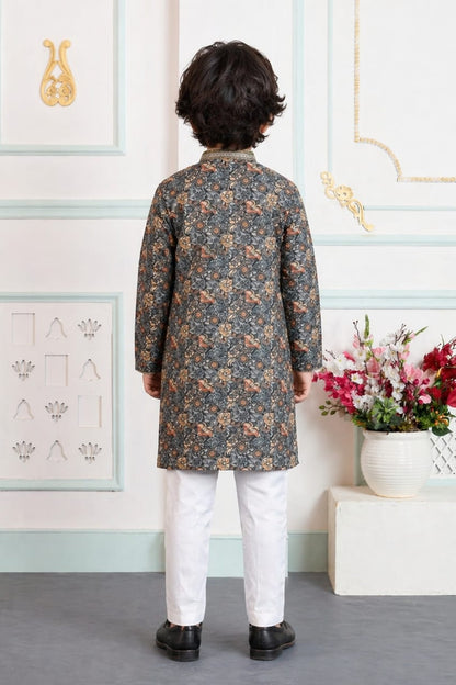 Green Pure Soft Art Banarasi Silk Digital Print Boys Kurta Pajama 